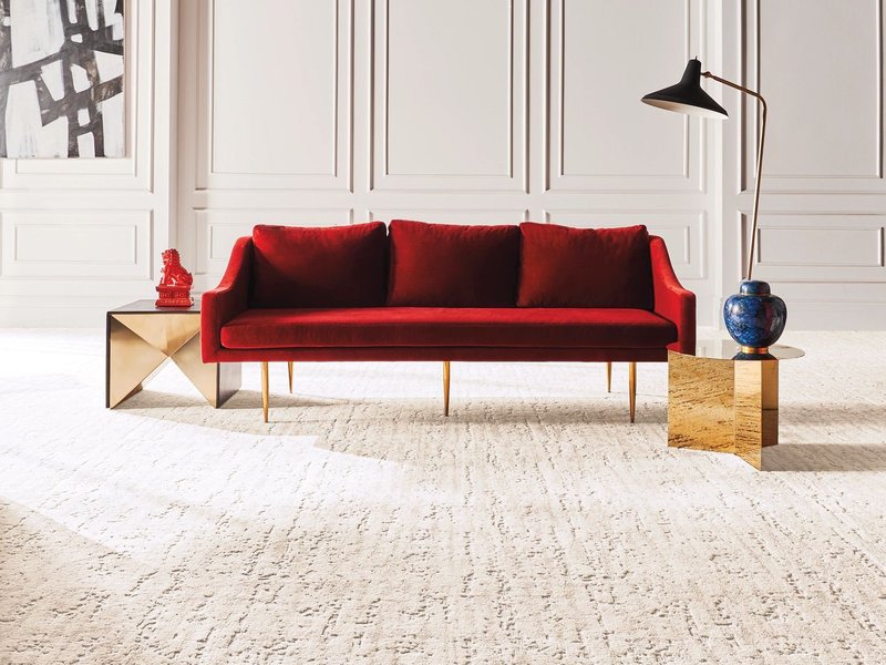 Red Couch On Nylon Carpets from Grand Design Floors in Maple Grove, MN